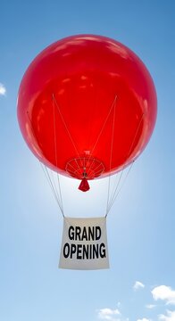 Red balloon with grand opening banner in the sky.