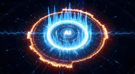 Obraz premium Hypnotic Artificial Intelligence Portal with Glowing Neon Rings and Cybernetic Particle Waves