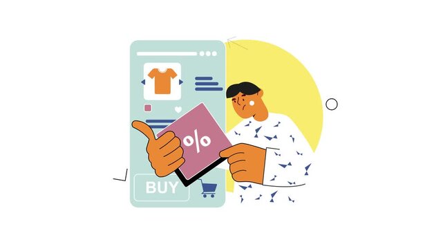 Animated online shopping app with discount and buyer using smartphone