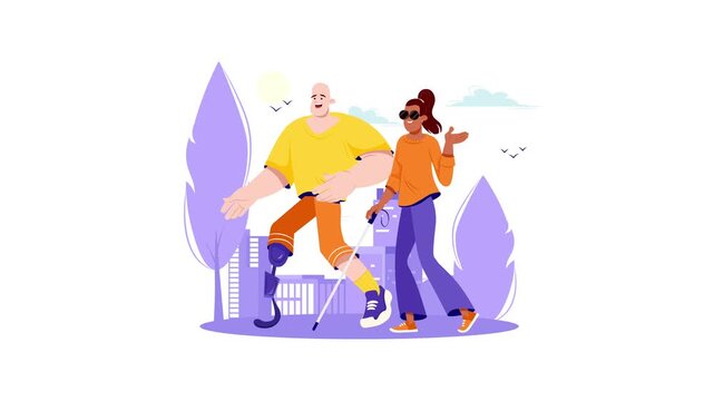 Animated inclusive city walk with disabled friends in modern park