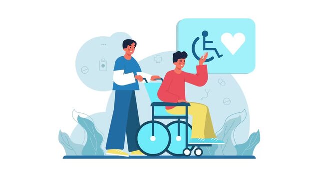 Animated caregiver assisting wheelchair user in accessible healthcare