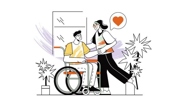 Inclusive couple with wheelchair user sharing love in animated illustration