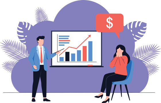Vector illustration of a financial advisor presenting a growth chart to an excited client for investment success.