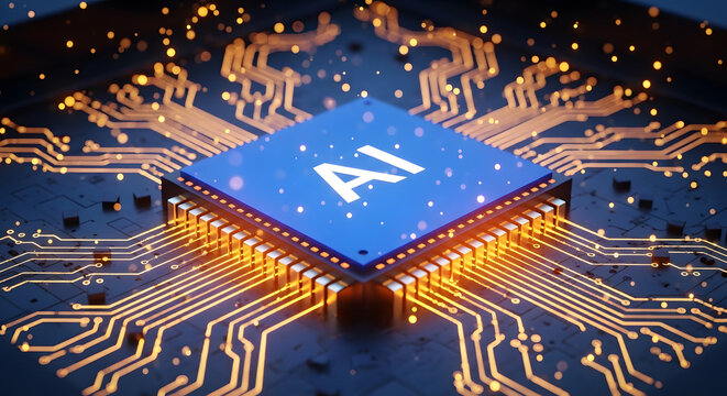 Artificial Intelligence Hardware Concept with Illuminated AI CPU Processor and Network Lines
