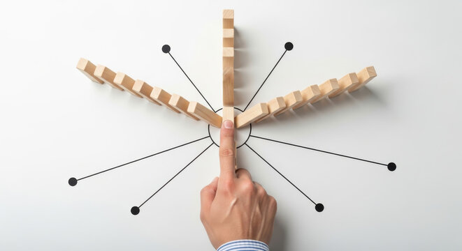 A hand in a striped shirt playing Jenga, with a central block being pulled out and surrounded by radiating lines indicating tension and balance.