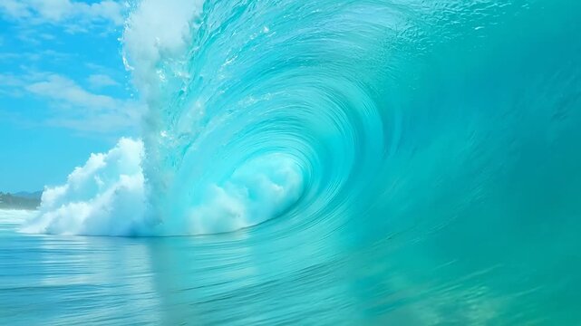 Large ocean wave curling in blue water