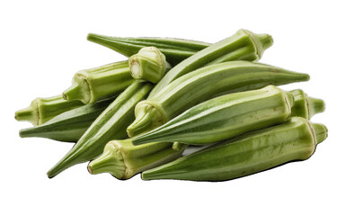 Obraz premium Pile of fresh green okra pods with stem and fuzzy texture isolated on white background - healthy vegetable for cooking and vegetarian meals with food and drink