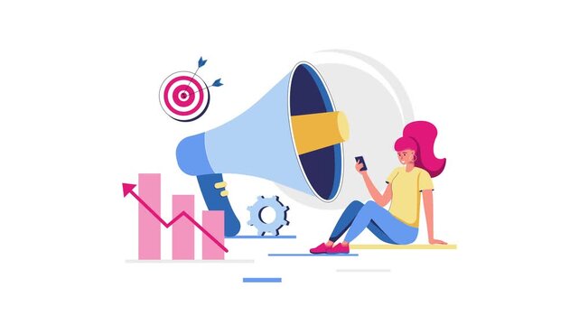 Woman using smartphone beside megaphone in marketing analytics illustration