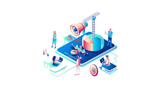 Animated isometric digital marketing analytics scene with megaphone and team