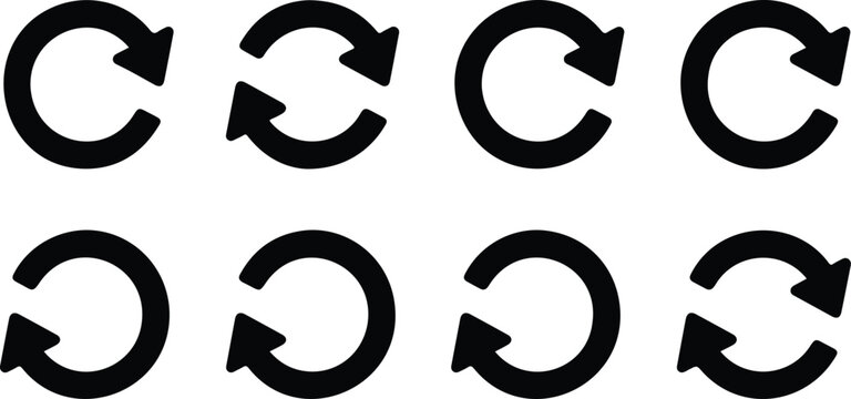 Flat line art vector of eight black circular arrows arranged in two rows creating simple clean repeating clockwise pattern design