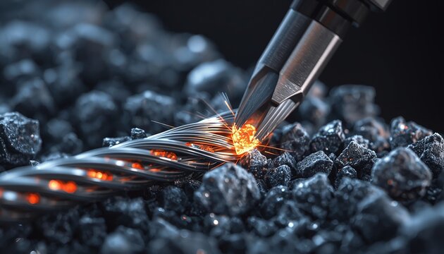 Diamond wire SEM close-up &ndash; glowing diamond particles, nickel matrix, silicon swarf, SEM view of diamond wire &ndash; diamond particles in nickel matrix, silicon abrasion, Solar Industry, Wafer slicing