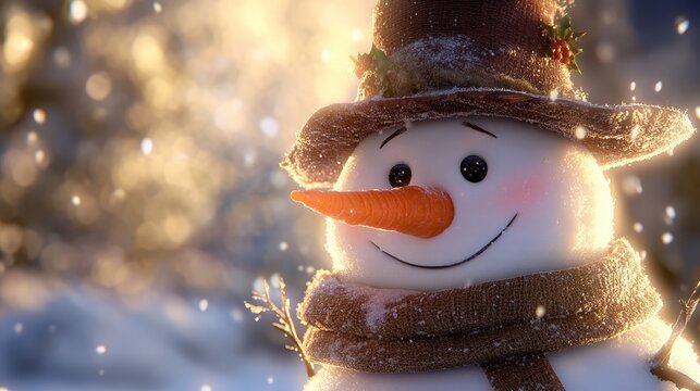A charming snowman with a carrot nose, wearing a textured hat and scarf, in a soft, snowy winter setting with warm, gentle lighting.