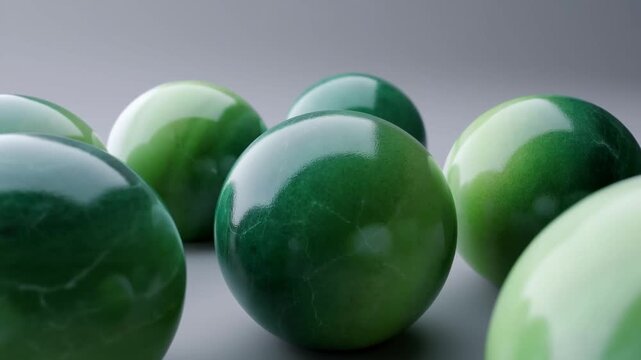 Tracking shot of green marble spheres shifting across grey tabletop with close up glossy reflections and shallow depth of field in studio setting