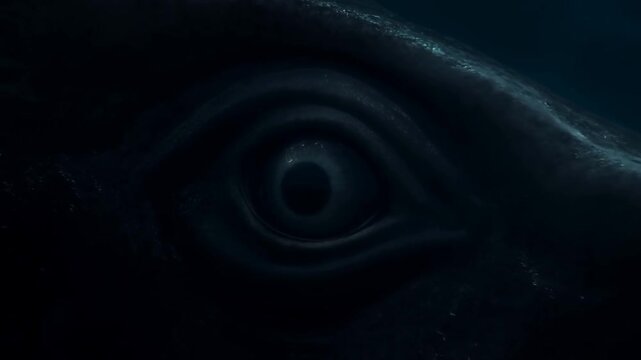 Slow push in close up of giant whale eye focusing and revealing skin texture in deep ocean abyss at night