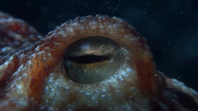 Slow motion tracking close up of octopus eye blinking and focusing underwater in deep ocean habitat with textured skin and glossy iris