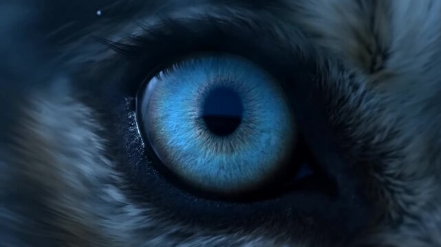 Slow motion close up tracking shot of tiger eye narrowing and blinking against snowy frosty fur in cold wilderness at night