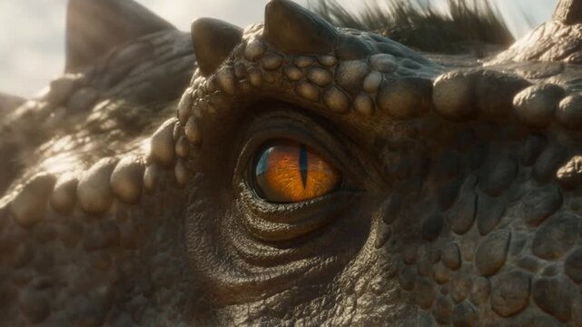 Slow motion close up of dragon eye blinking with subtle push in tracking shot over scaly skin in rocky outdoor daylight fantasy landscape