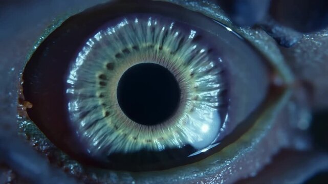 Macro zoom close up of fish eye dilating and focusing revealing detailed iris texture in dark underwater aquarium reef setting