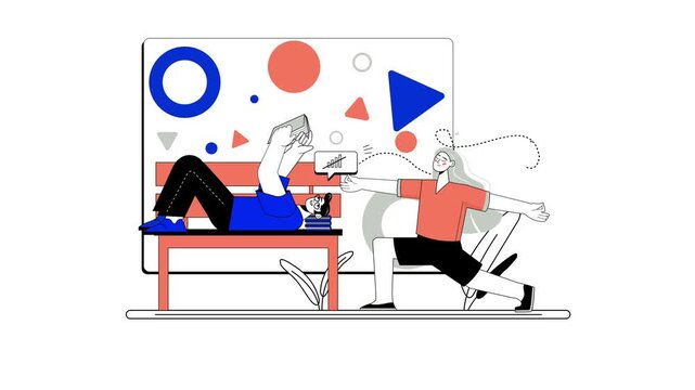 Animated couple exercising in abstract fitness scene with bold shapes