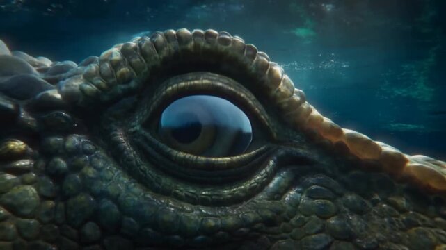 Slow zoom close up tracking shot of reptile eye opening and revealing pupil underwater in deep ocean marine environment textured scaly skin visible