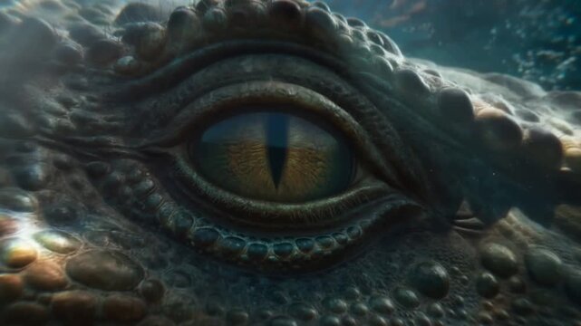 Slow motion tracking shot of crocodile eye blinking underwater in murky swamp water close up on scaly textured skin