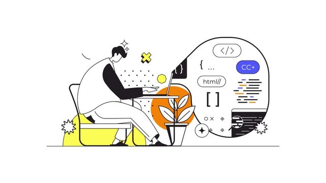 Animated developer coding on laptop with abstract code interface