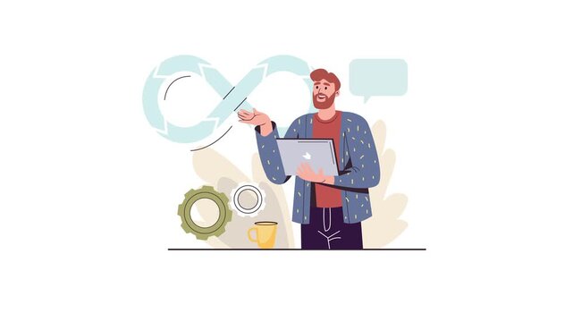 Animated freelance developer presenting coding workflow and automation