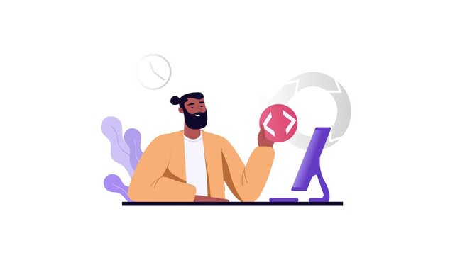 Animated programmer coding at desktop computer with C++ and gear icons