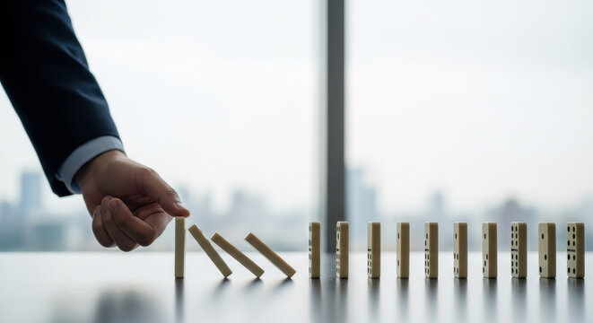 A person in a business suit is carefully knocking over the first domino in a long line of dominoes on a table, demonstrating cause and effect.