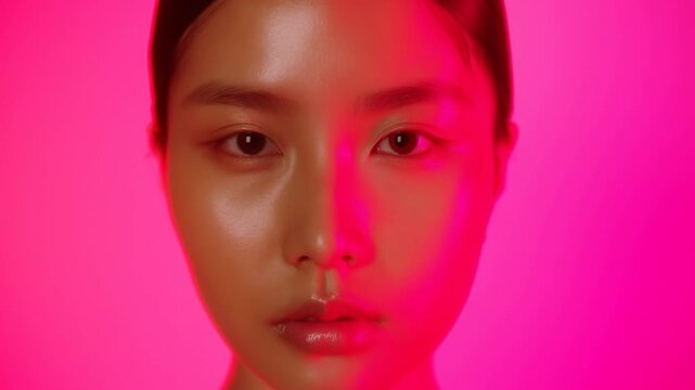 Slow dolly in close up of woman turning and looking at camera in pink studio backdrop with glossy skin and neon magenta lighting