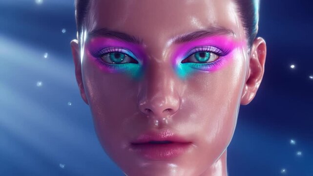 Slow push in dolly close up of woman model with colorful neon eye makeup and floating particles in studio backdrop lighting