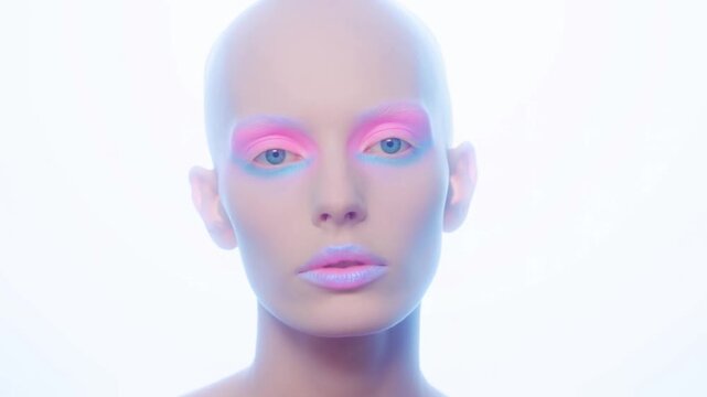 Static shot of bald model posing with pink and blue eye makeup holding neutral stare in high key white studio portrait lighting