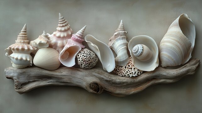 Artistic Collection of Diverse Seashells Arranged on Weathered Driftwood Showcasing Nature's Intricate Textures and Forms