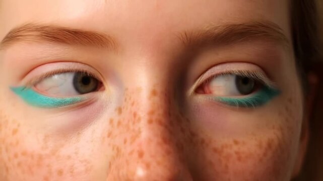 Tracking shot close up of freckled young woman's eyes shifting gaze with turquoise eyeliner in studio portrait makeup setting