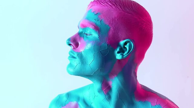 Slow motion tracking shot of male model turning head with cracked paint body art in studio with colored gel lighting
