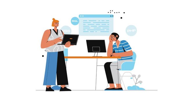Animated developers coding at desk with SQL, CSS and PHP interface