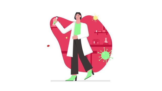 Animated female scientist holding test tube in virus research lab