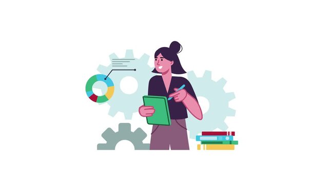 Animated flat vector woman analyzing charts with clipboard and gears