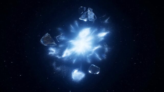 Slow motion zoom of ice shards exploding with glowing particle burst and drifting crystal fragments over dark space void with nebula backdrop