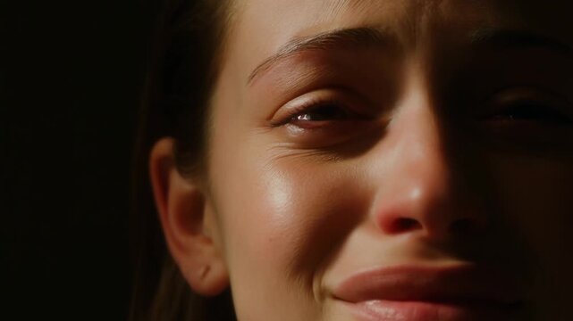 Handheld dolly in closeup of woman crying and sobbing in dark studio portrait with low key lighting and tear on cheek