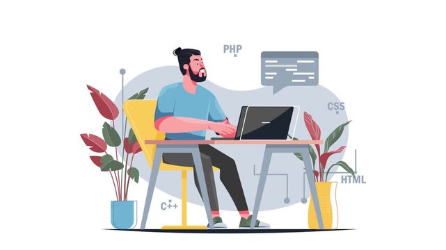 Freelance programmer coding at laptop with web languages in modern workspace