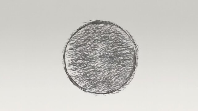 Static shot of circular sketch progressively filled with pencil scribbles and crosshatch shading on white paper in studio tabletop setup