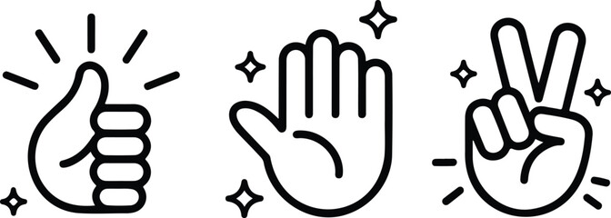 Fototapeta premium Minimalist line art of three hand gestures including thumbs up, open palm, and peace sign modern clean vector illustration