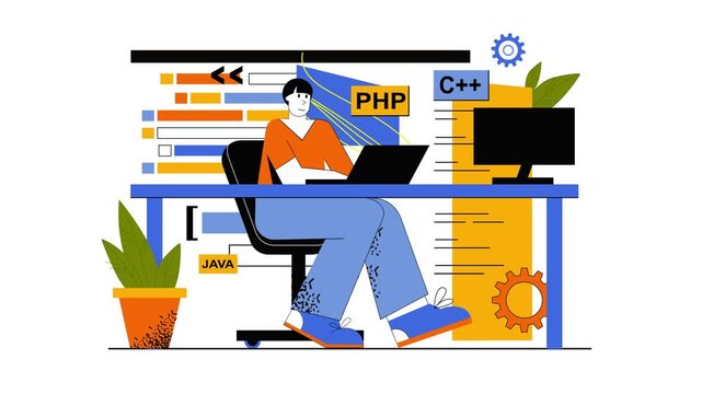 Animated programmer coding at desk with laptop and programming languages