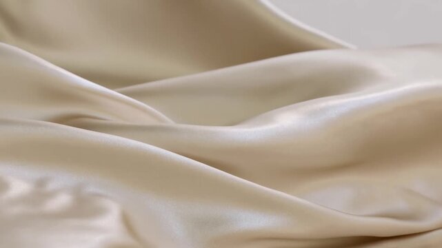 Slow motion close up of silk fabric rippling and folding on bed surface in neutral studio setting with soft lighting and subtle sheen