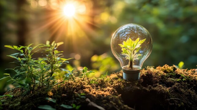 Green energy light bulb with plant growth in sunlit forest, symbolizing sustainable future and new ideas