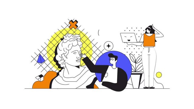 Modern vector illustration of creative people and classical statue animation