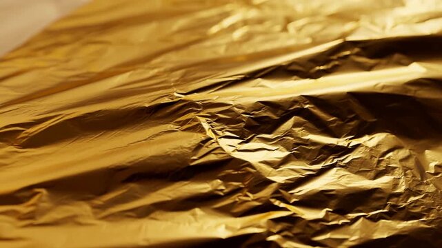 Slow pan tracking shot of crumpled gold foil surface shifting highlights under studio tabletop lighting close up revealing textured metallic sheet and reflective golden wrinkles