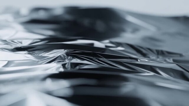 Slow motion tracking shot of crumpled metallic foil sheet rippling and shimmering on studio table surface in controlled indoor setting