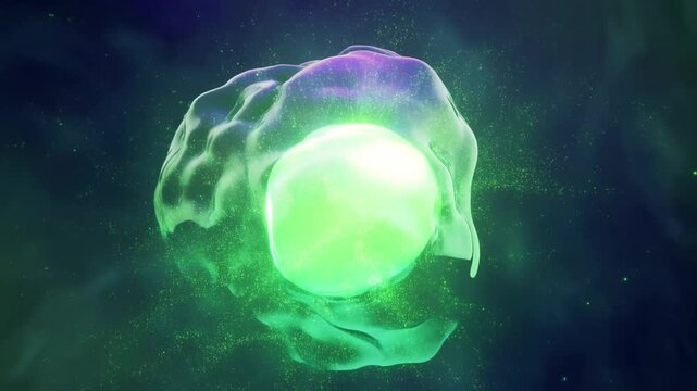 Slow motion tracking shot of glowing green orb pulsating inside translucent membrane in dark cosmic nebula void
